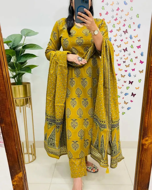 Traditional Cotton Embroidered Yellow Mustard Kurta Pant Set With Dupatta