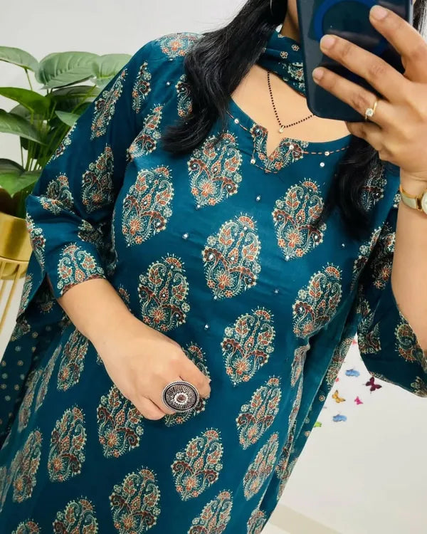 Traditional Cotton Embroidered Blue Kurta Pant Set With Dupatta