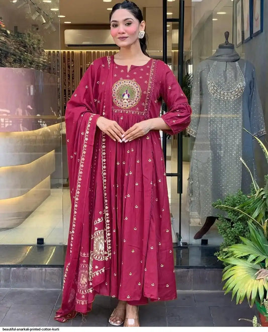 Latest And Trending Cotton Printed Anarkali And Pant With Dupatta Set ( Pink )