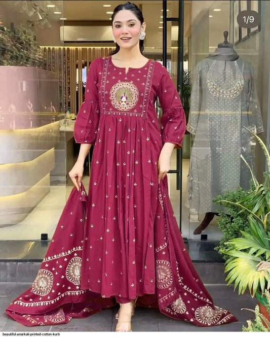 Latest And Trending Cotton Printed Anarkali And Pant With Dupatta Set ( Pink )