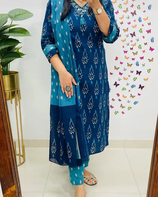 Pure Cotton Discharge Print Suit With Heavy Handwork ( Blue )