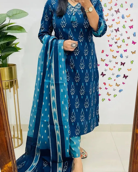 Pure Cotton Discharge Print Suit With Heavy Handwork ( Blue )